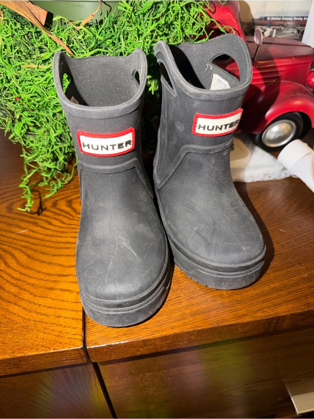 Hunter Kids Black Rain Boots with Red Logo Patch